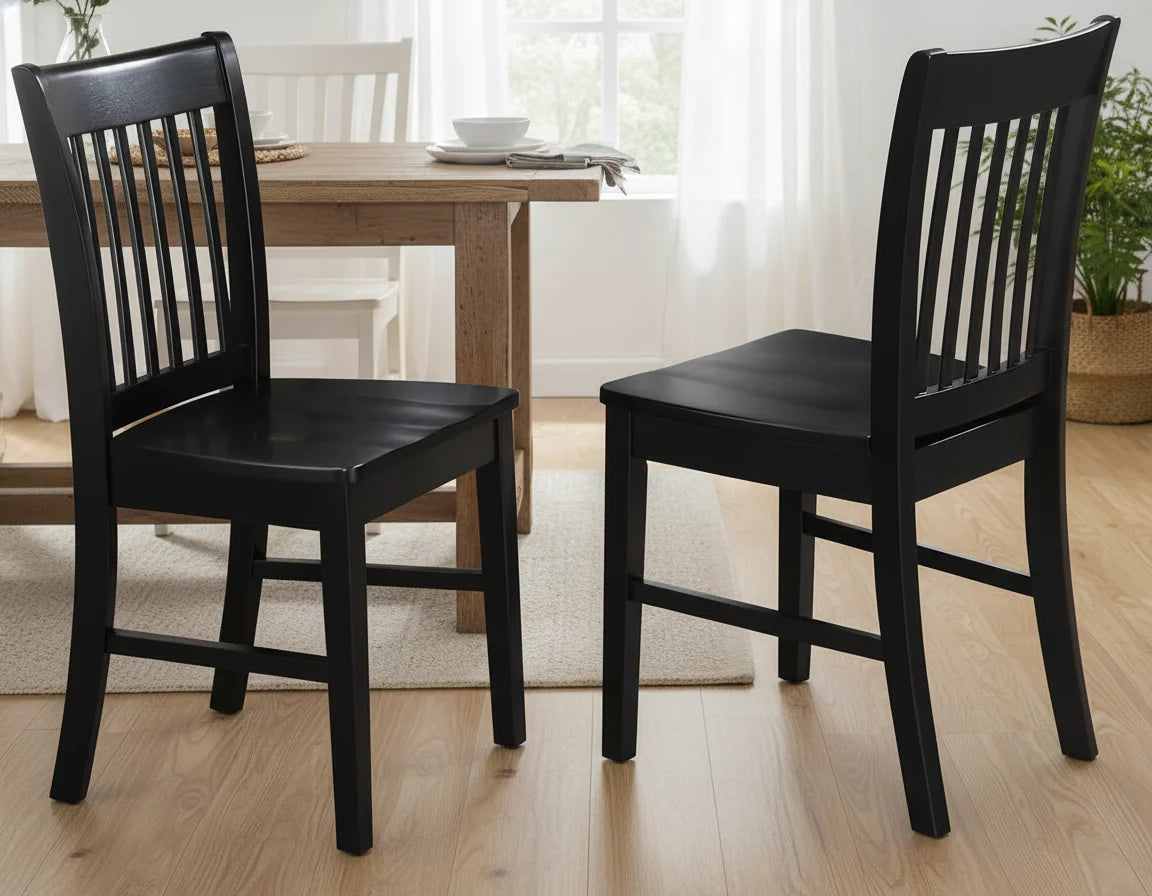 Modern Black Dining Chairs Set of 2, Wooden Slat Back Kitchen Seats for Home Decor