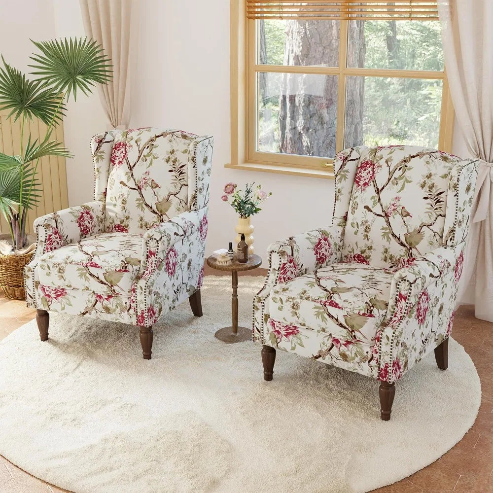 Wingback Accent Chair, 2 Set High Back Floral Armchairs in Fabric, Comfy Upholstered Reading Single Sofa Chairs with Solid Wood