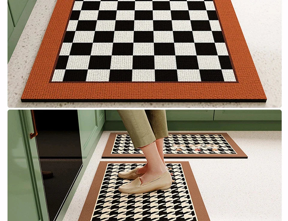 Mat for Kitchen Carpet Waterproof PVC Long Floor Mats Leather Oil Proof Anti-slip Carpets Black White Plaid Home Decoration Rug