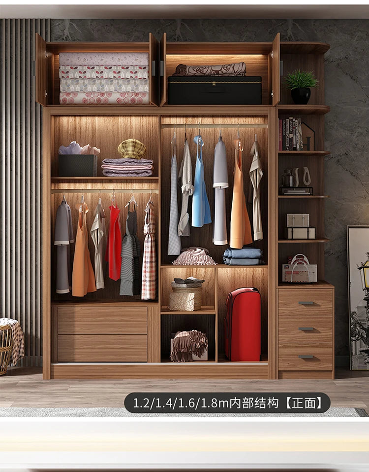 Nordic Wardrobe Bedroom Simple Glass Sliding Door Walnut Color Cabinet Sliding Door Wardrobe