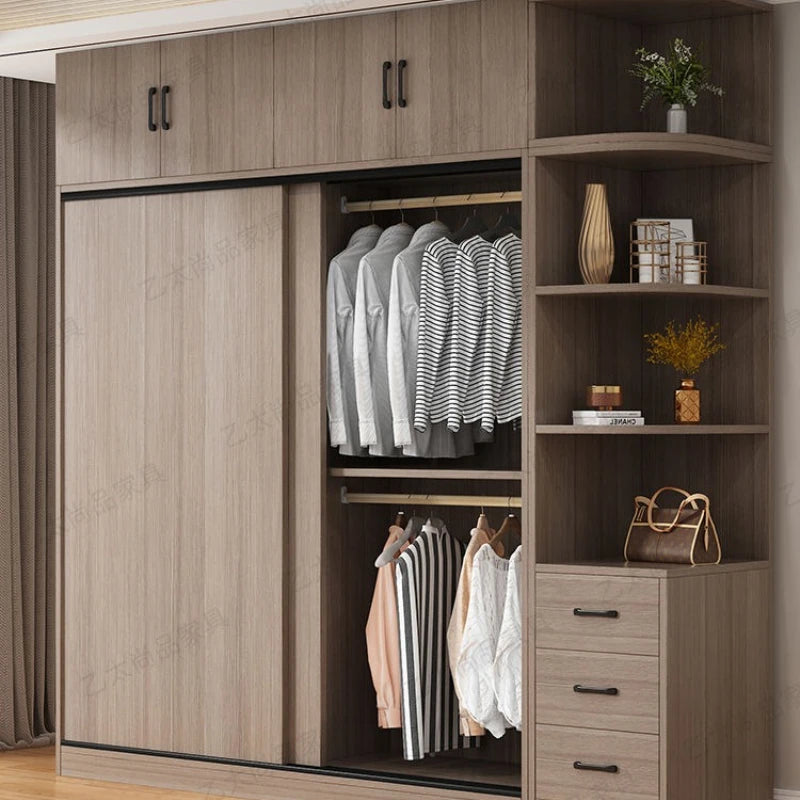 Wooden Wardrobe with Hanging Rod and Storage Shelves