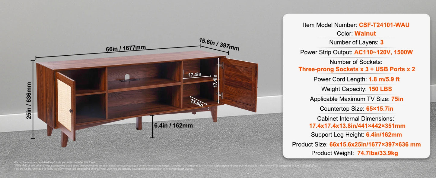 Rattan TV Stand Mid Century Modern TV Stand with Build-in Socket USB Ports Adjustable Shelfs for Living Room Media Room