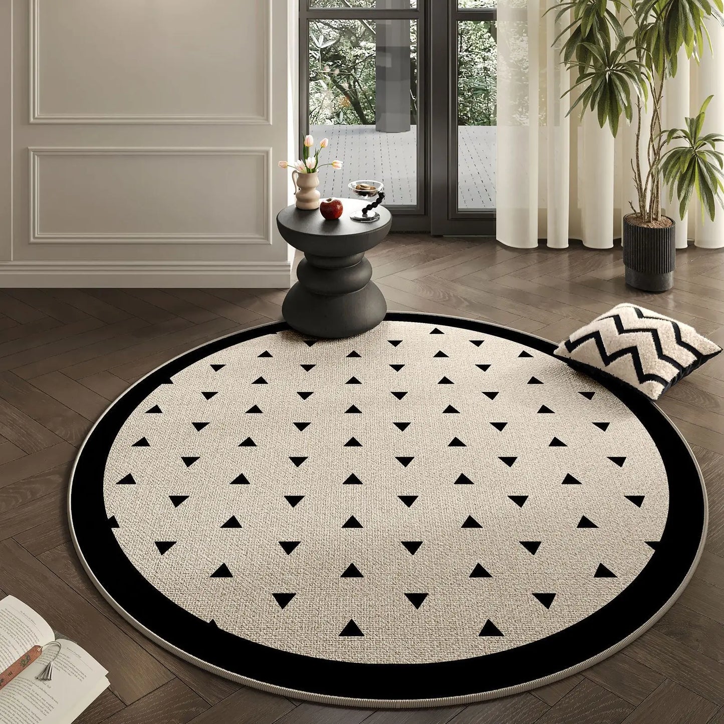 Minimalist Round Rug - Modern Geometric Black Border Carpet