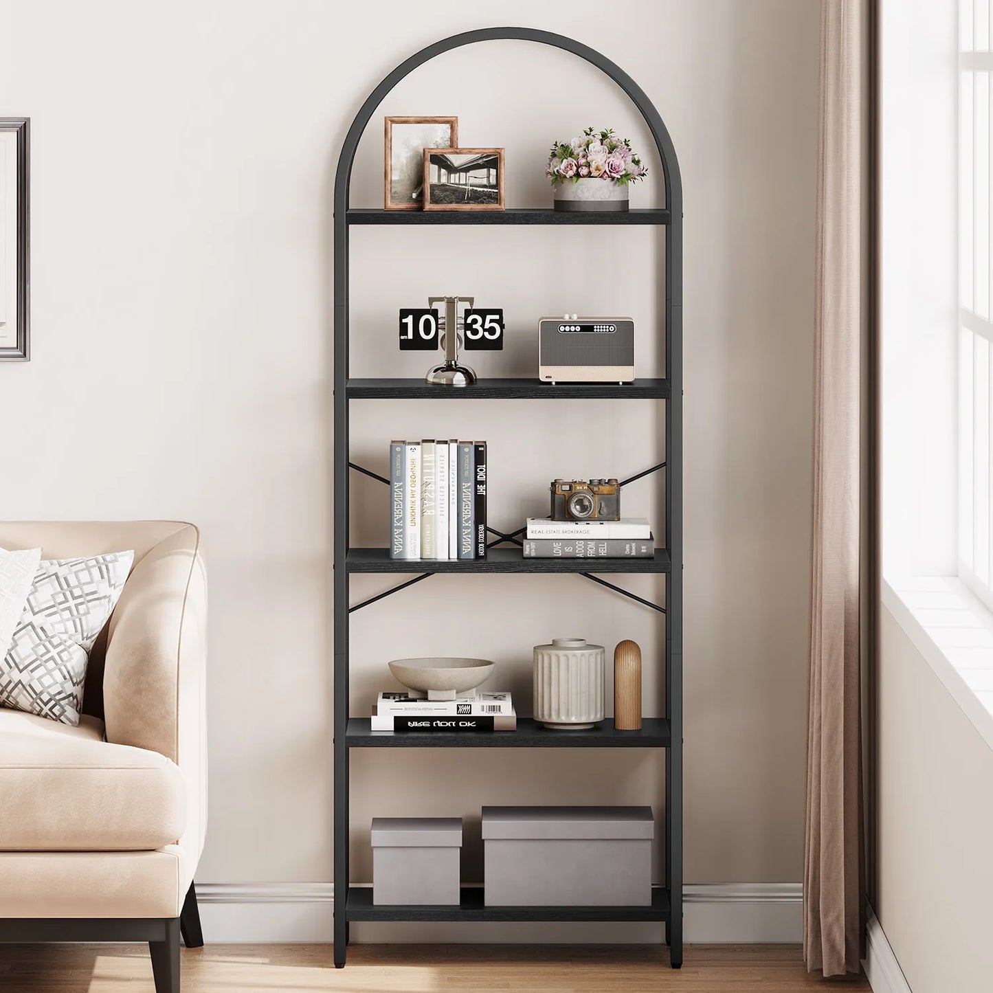 5-Tier Arched Bookshelf - Industrial Freestanding Display Rack, 180cm