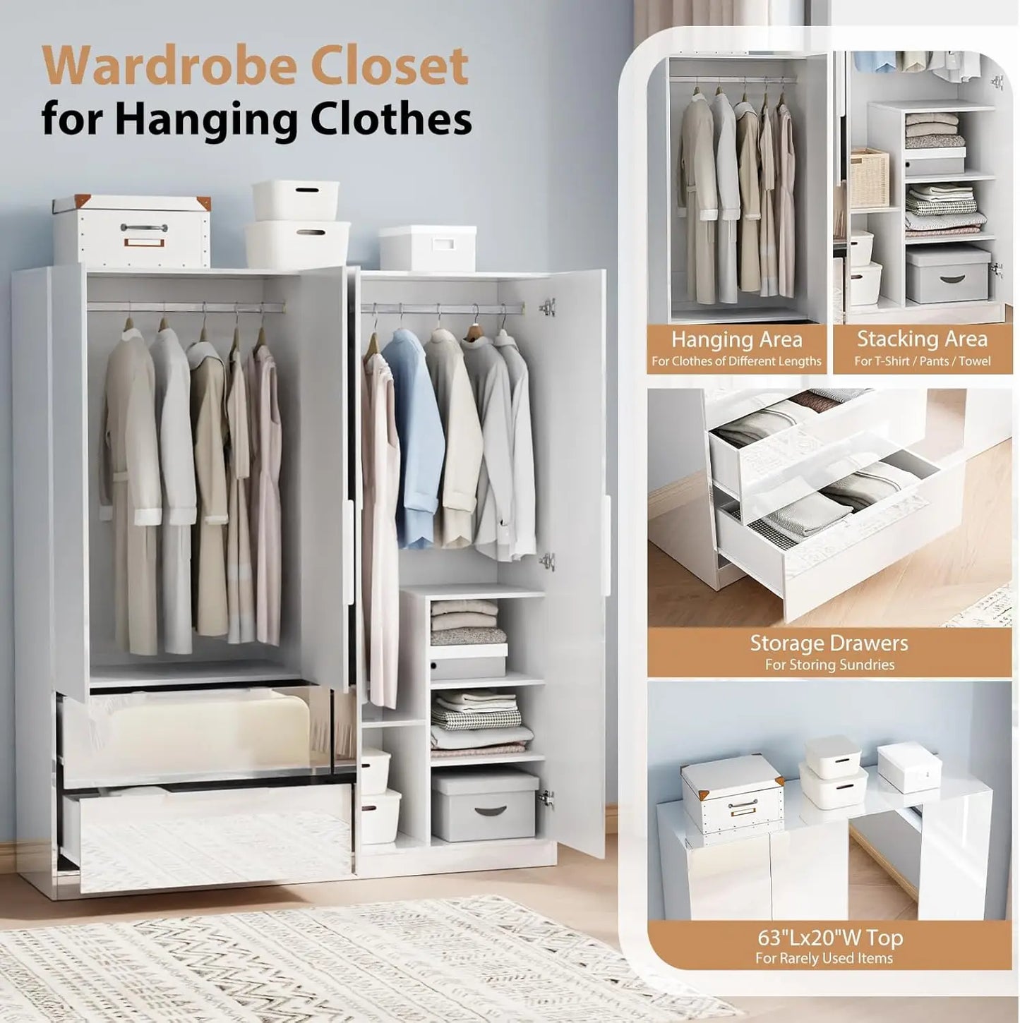 4 Door Wardrobe Closet with Mirror Doors and Drawers