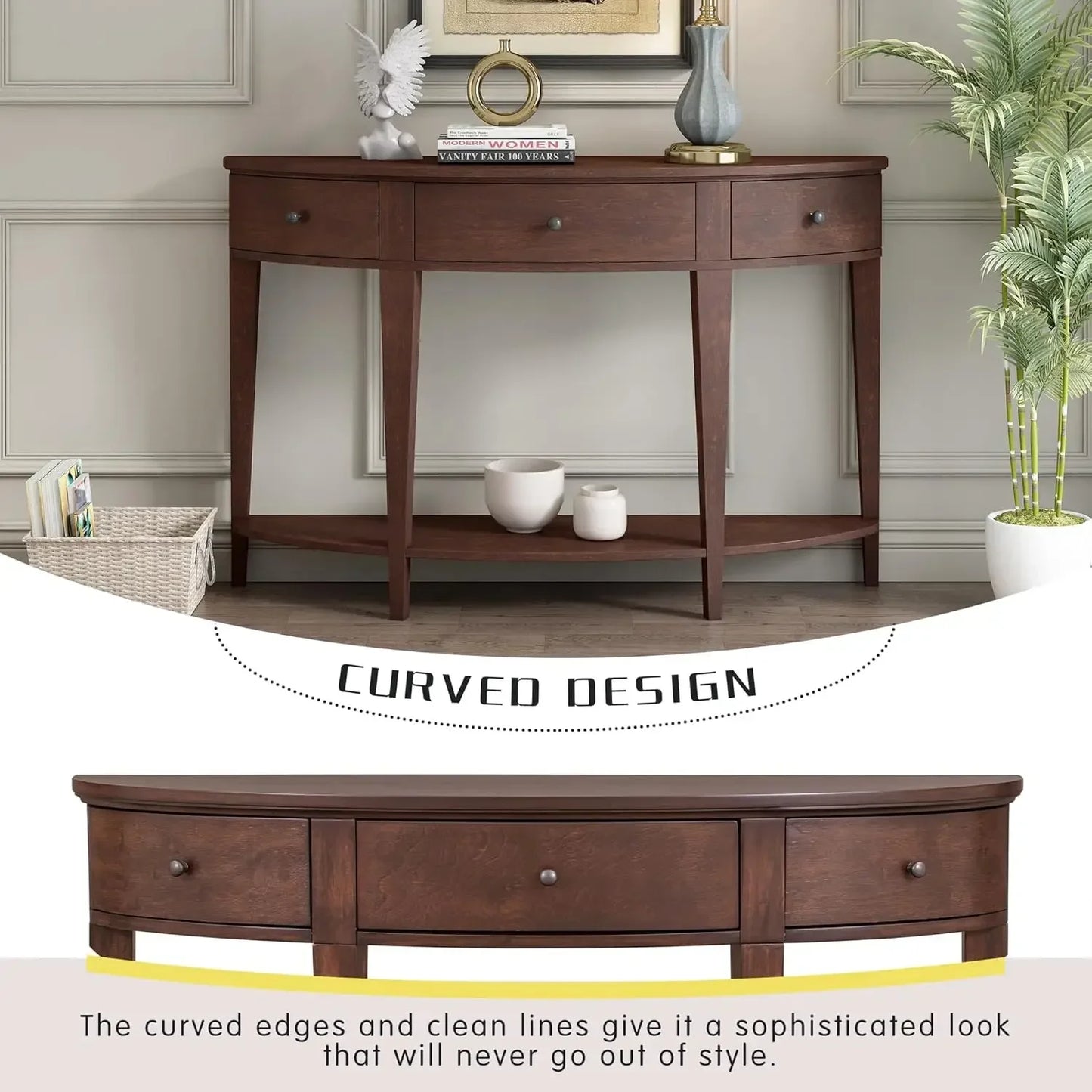 Curved Design Console Table Sofa Table with Sturdy Solid Wood Frame, 3 Storage Drawers and Bottom Shelf for Hallway Entryway