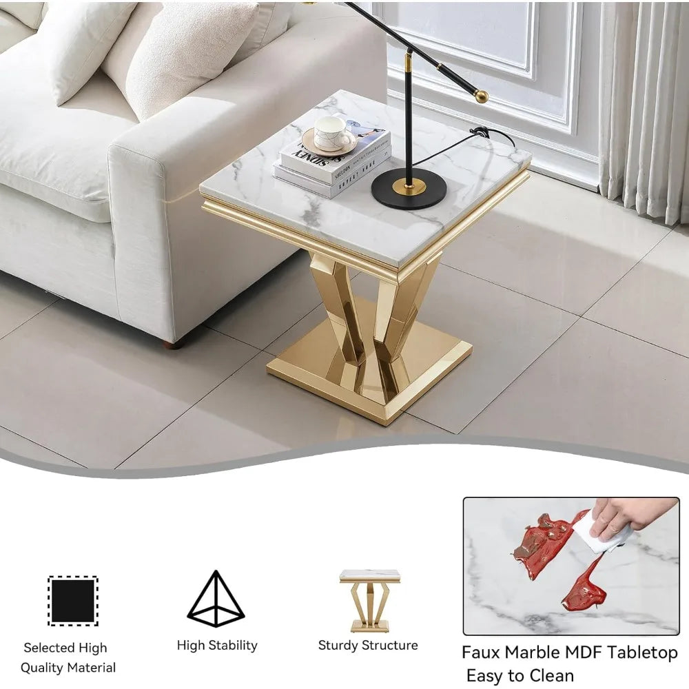 Square End Table, 22.8" Modern White Faux Marble Side Table, Nightstand Bedside Table Small Accent Table with Golden Mirrored Fi
