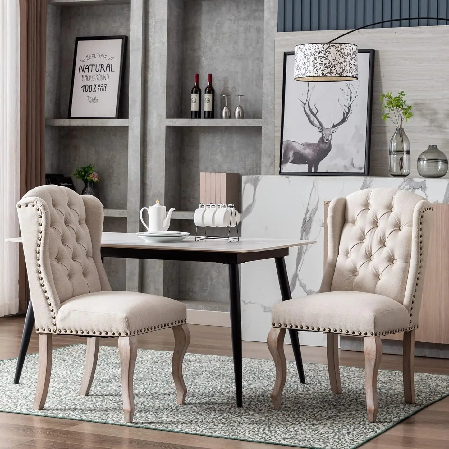 Elegant Dining Chairs Set of 2 with Solid Wood Legs and Tufted Wingback for Kitchen and Living Room