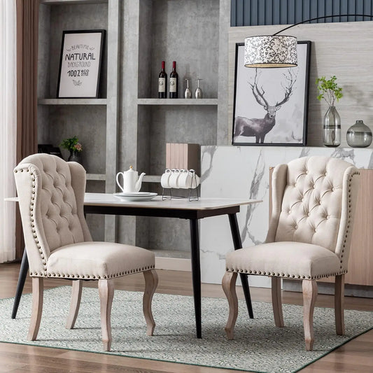 Parsons Dining Chairs Set of 2, Farmhouse Solid Wood, Linen Tufted Wingback, Cream, Kitchen & Living Room Accent Chairs