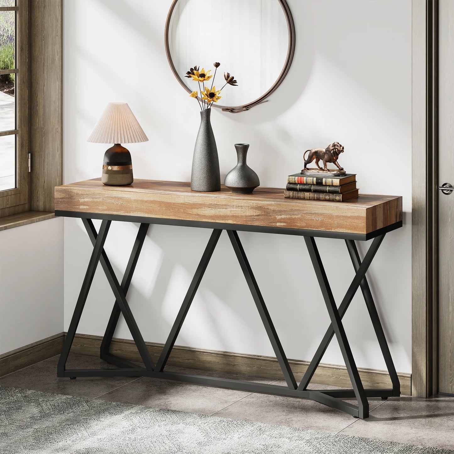 Tribesigns 55 Inches Console Table, Sofa Table Wood Entryway Table with Unique Metal Base