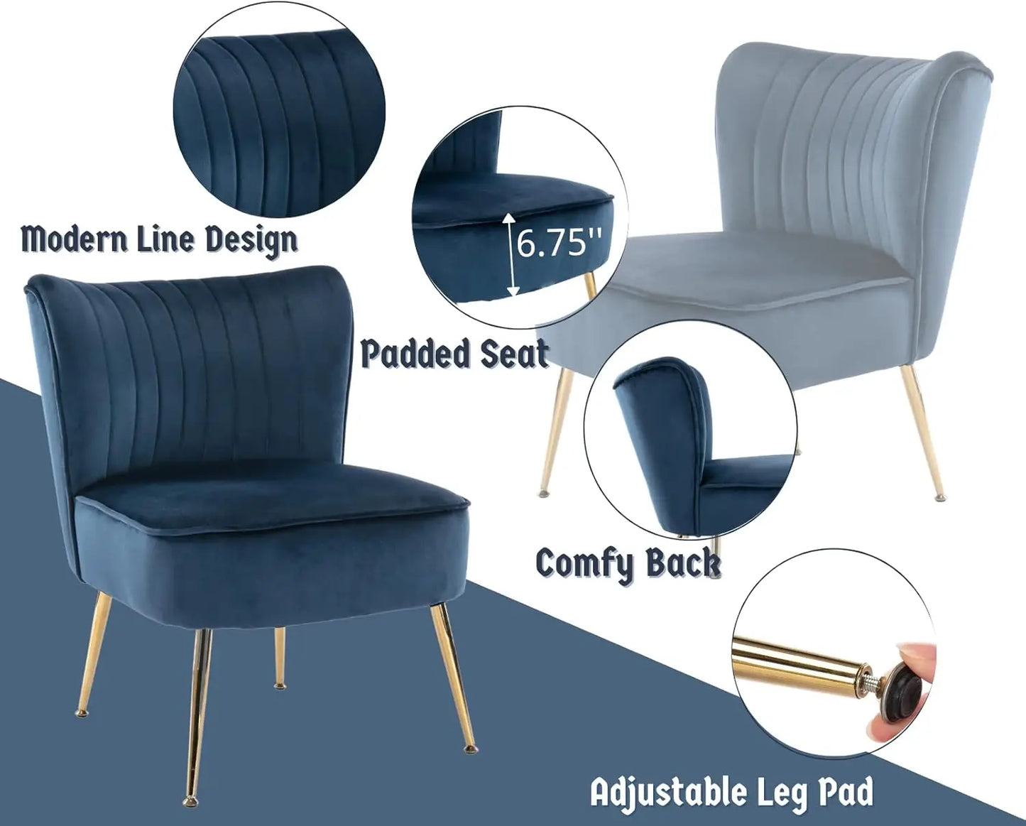 Set of 2 Velvet Wingback Accent Chairs, Navy Blue, Modern Slipper Sofa with Legs for Living Room Bedroom