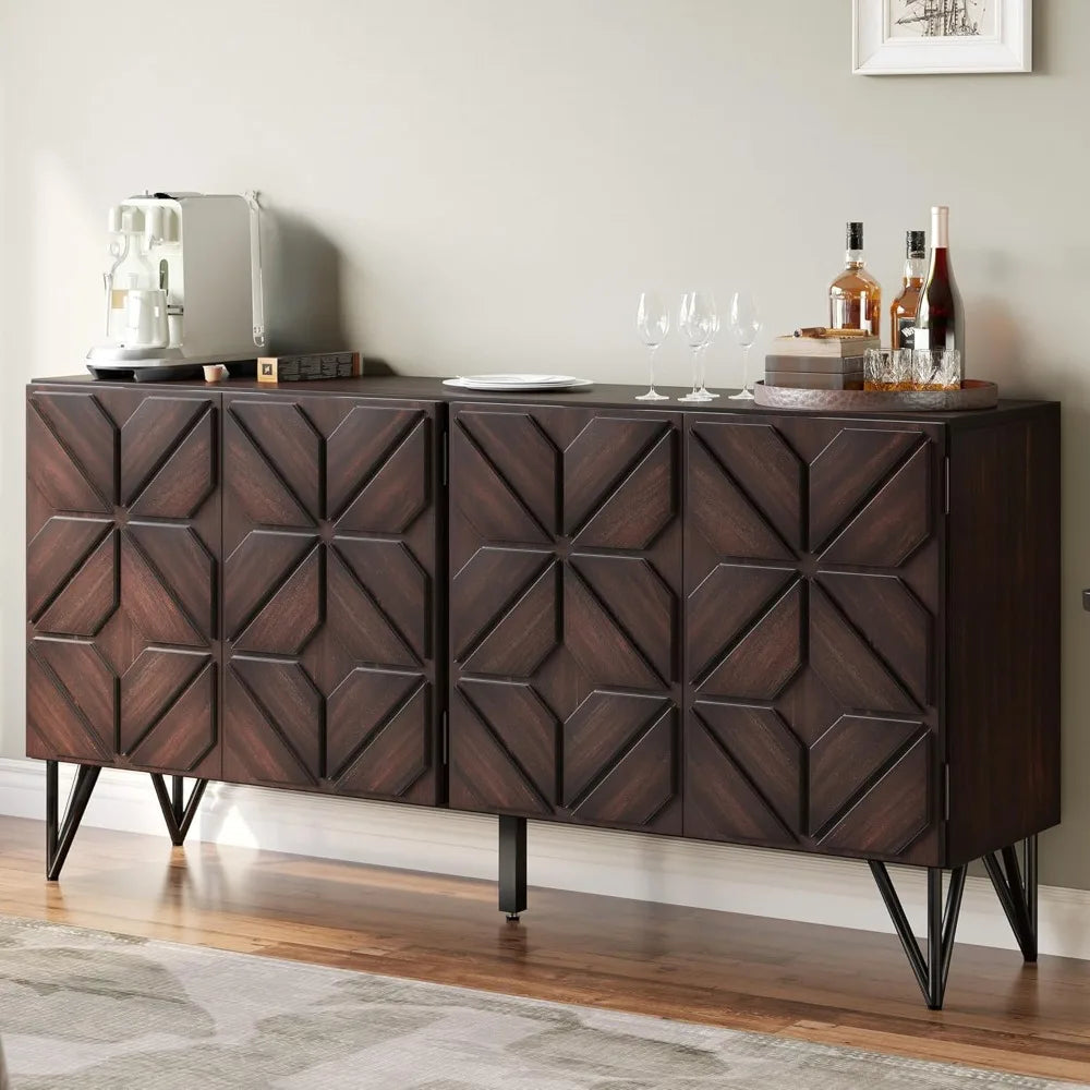 Sideboard Buffet with Hand-Carved Geometric Doors - Console Cabinet, 63"