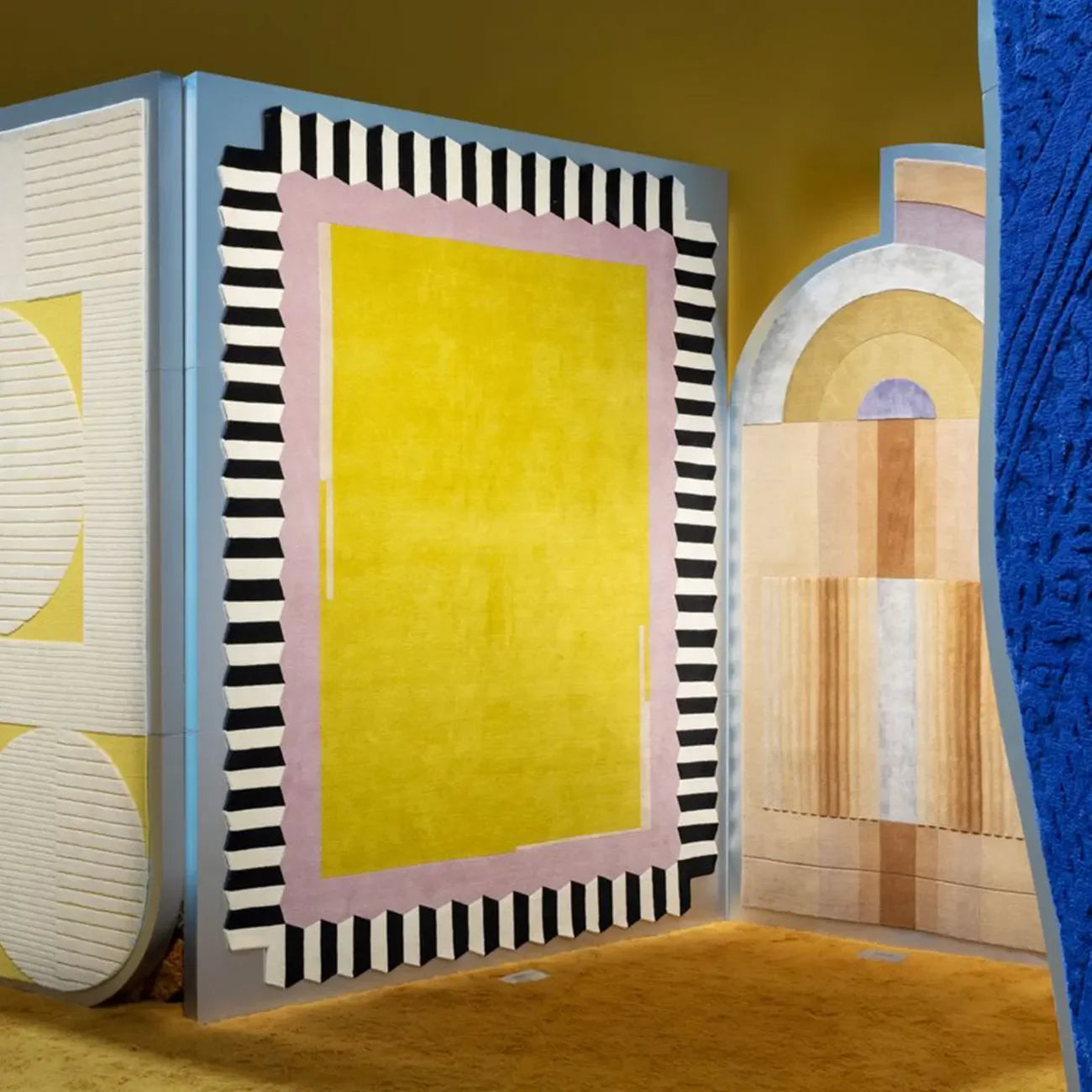 Geometric Colour Block Area Rug - Black and White Striped Border - Multiple Colours