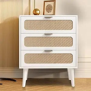 QHITTY Drawer Dresser Set of 2, Rattan Chest of Drawers with 3 Drawers Dresser, Accent Storage Cabinet Modern Bedside Table for