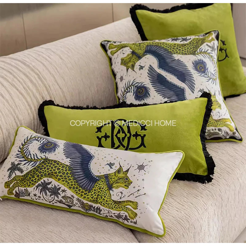 Medicci Home Luxury Monogrammed Lumbar Cushion Cover Green Brush Fringe Monogram Accent Throw Pillow Case Personalized Gifts