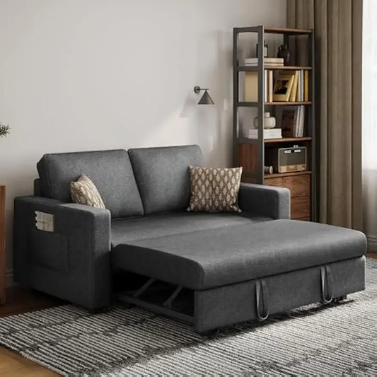 w/Pull-Out Trundle Bed Sleeper Sofa Convertible Couch for Limited Spaces Living Room Bedroom Guest Room Dark Gray 55.5 in