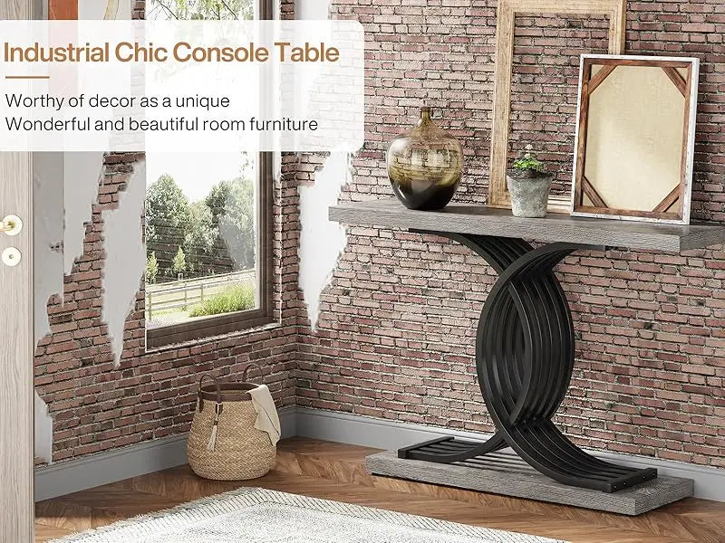 Industrial Entryway Table, 39-Inch Console Table Accent Table with Geometric Metal Legs, Narrow Wood Sofa Table for Entrance