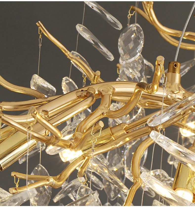 Crystal Chandelier: Luxury Gold Leaf Design LED Pendant Light for Dining & Living Room