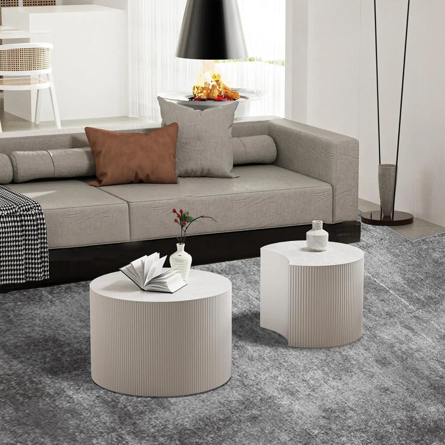 Handcraft Round Nesting Coffee Table - Chic Wave Stripe Edge, Modern Stylish Walnut Wooden Circle Fluted Center Table for Living