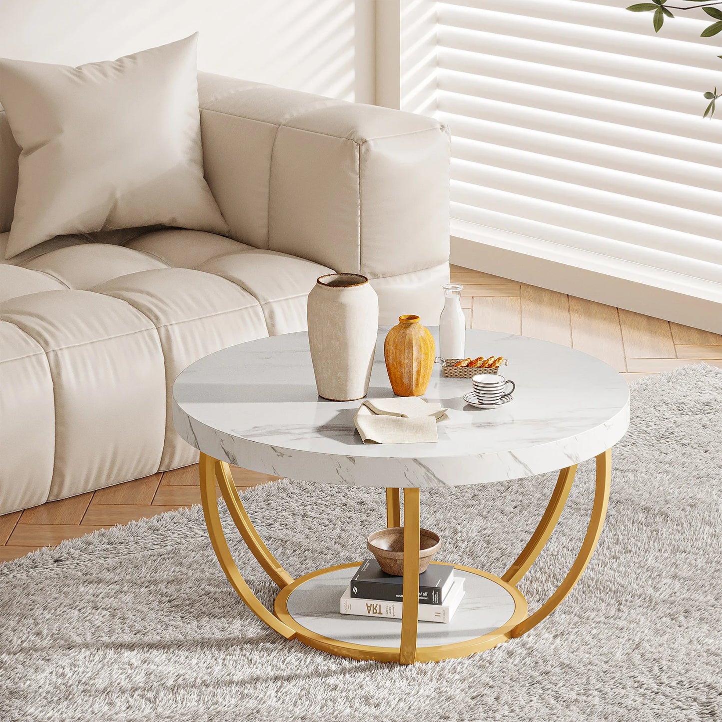 Round Coffee Table with Storage Shelves - 31.7" Industrial 2-Tier Circle Table