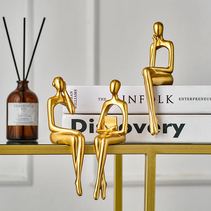 1/3Pcs Abstract Thinker Figure Sculpture Gold Resin Home Office Decor Small Ornament Abstract Statue