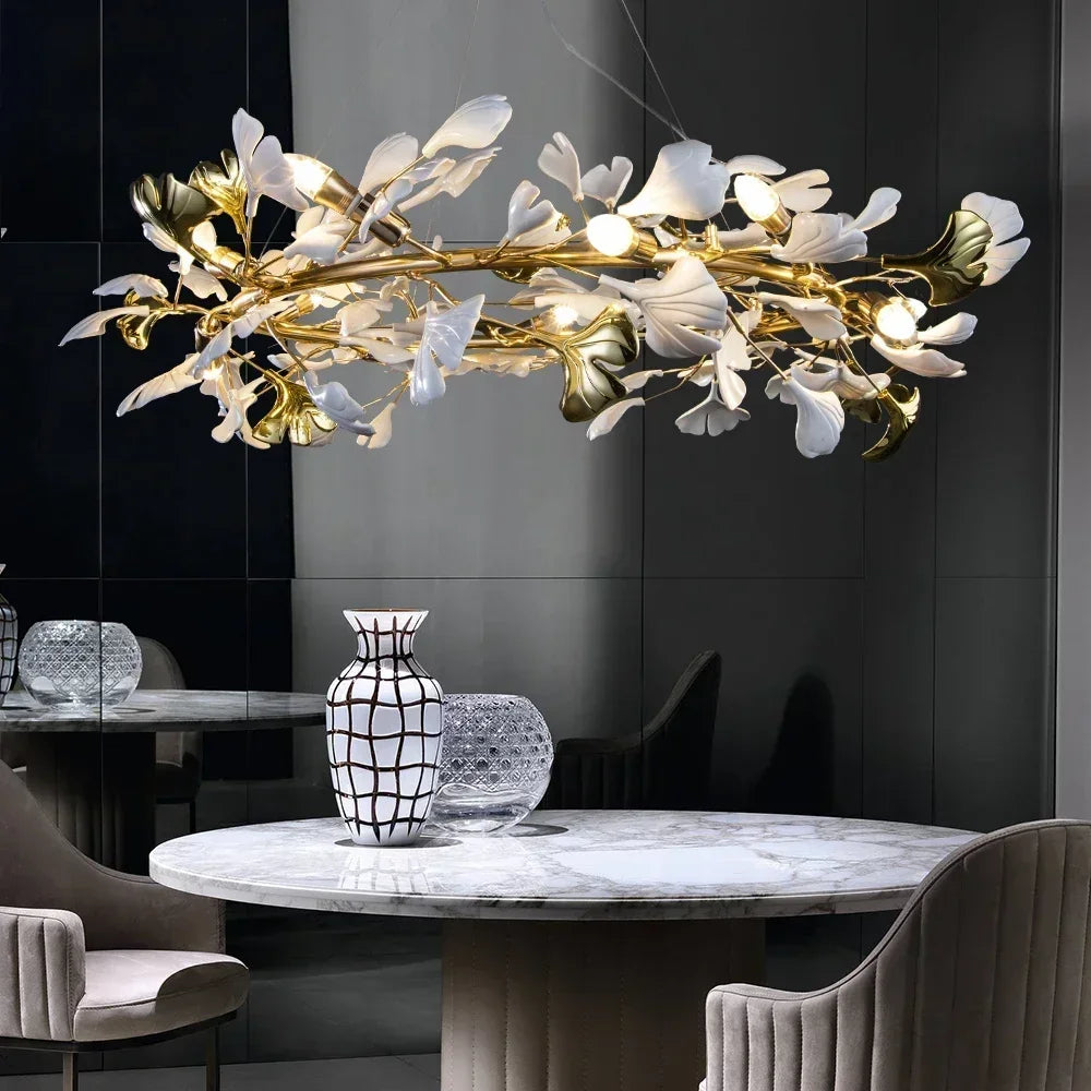 Ginkgo Leaf Chandelier 180cm: Modern Gold Pendant Light for Dining Room & Living Room