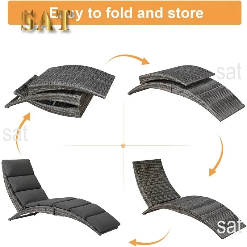 t Patio Chaise Lounge, Outdoor Lounge Chair, PE Rattan Foldable Chaise Lounger with Removable Dark Gray Cushion, Suitable