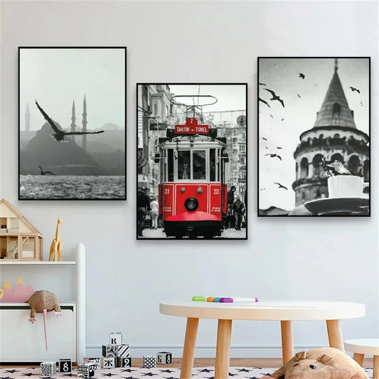 Turkey Street, Istanbul Vintage Poster -Black And White Istanbul Wall Art Prints Canvas Painting Office Home Decor