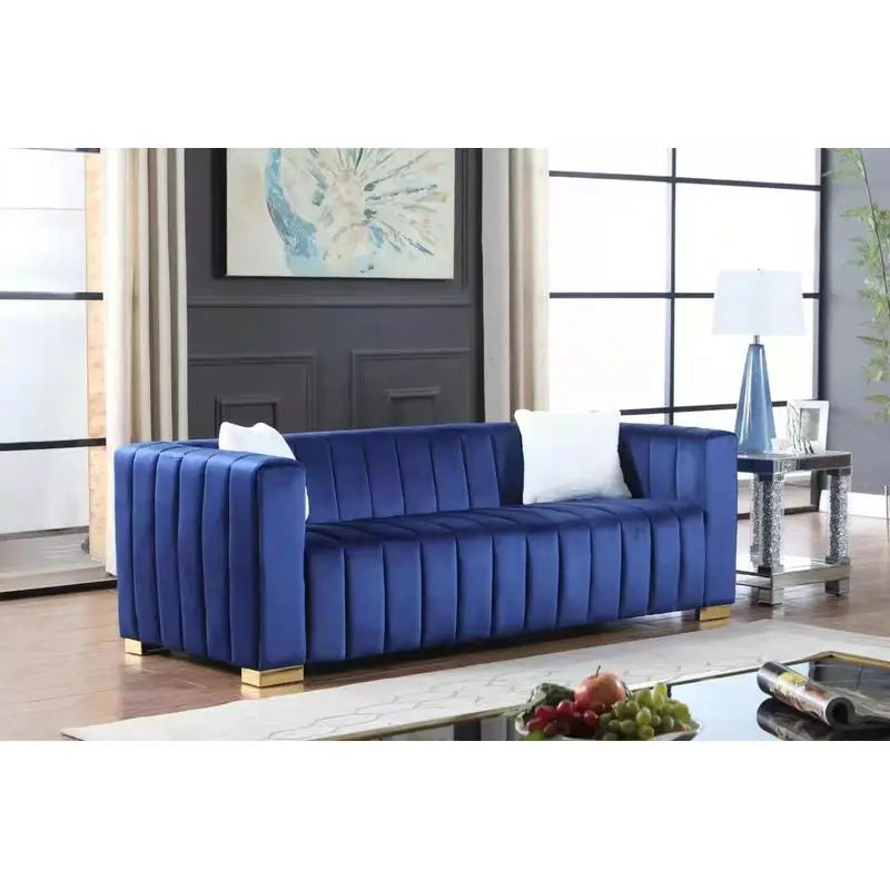 Velvet Sofa: Channel Tufted 3-Seat with Gold Base in Navy Blue