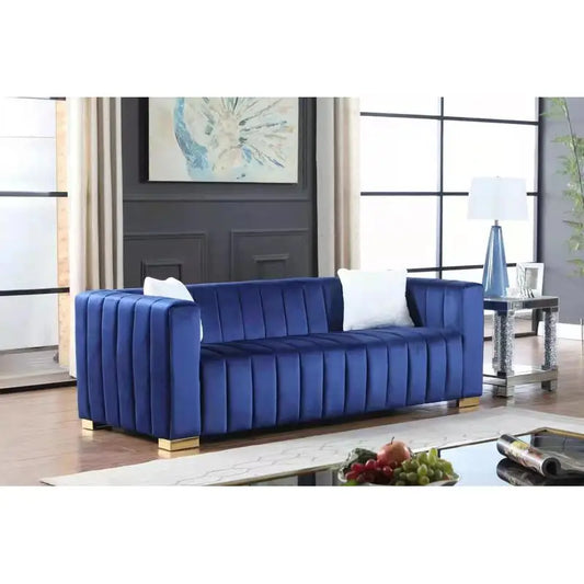 Modern Channel Sofa Inspired by Traditional Chesterfield, Navy Blue, 3-Seater Couch