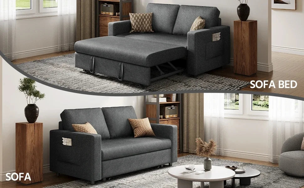 w/Pull-Out Trundle Bed Sleeper Sofa Convertible Couch for Limited Spaces Living Room Bedroom Guest Room Dark Gray 55.5 in