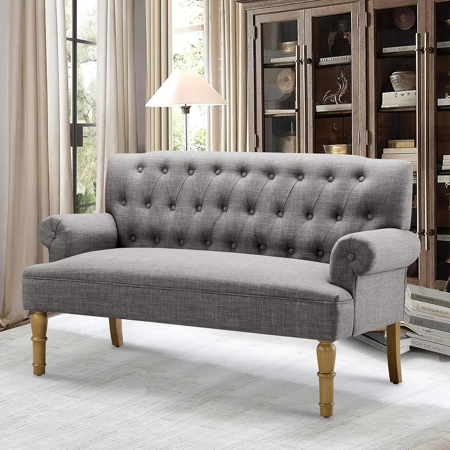 Loveseat Sofa 59": Button Tufted Linen with Rolled Arms & Gold Legs