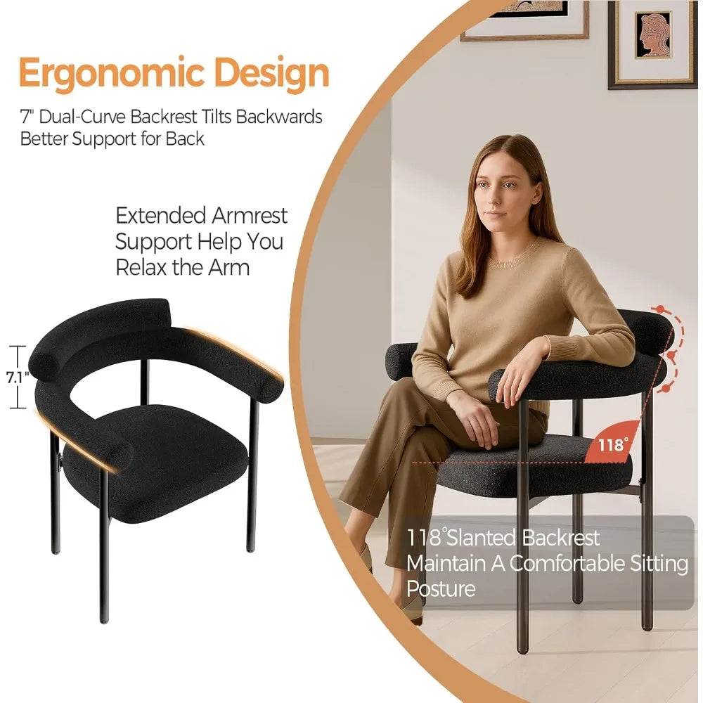 Modern Black Boucle Dining Chairs Set, 2-Piece Kitchen & Dining Room Chairs with Arms, Barrel Style for Contemporary Dining
