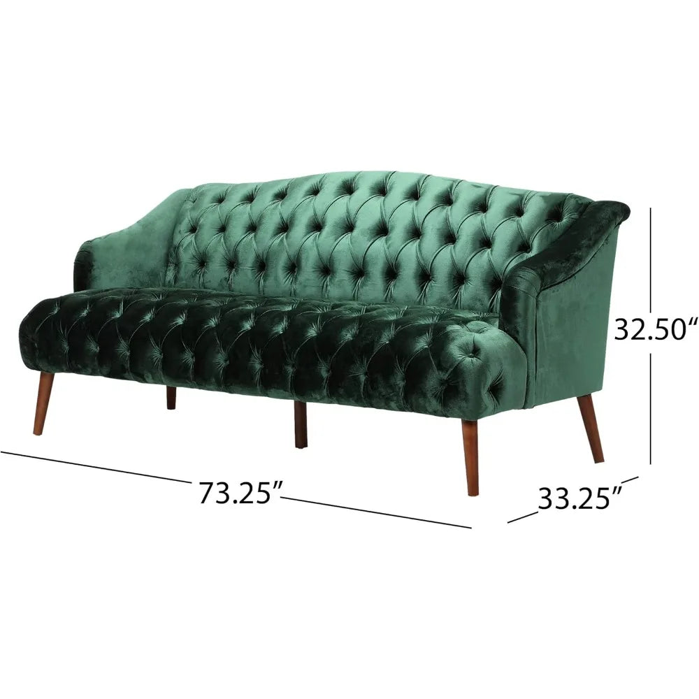 Modern Emerald Velvet Loveseat Sofa with Tufted Curved Back, Comfy Upholstered 2-Seater Sofa with Brown Birch Legs