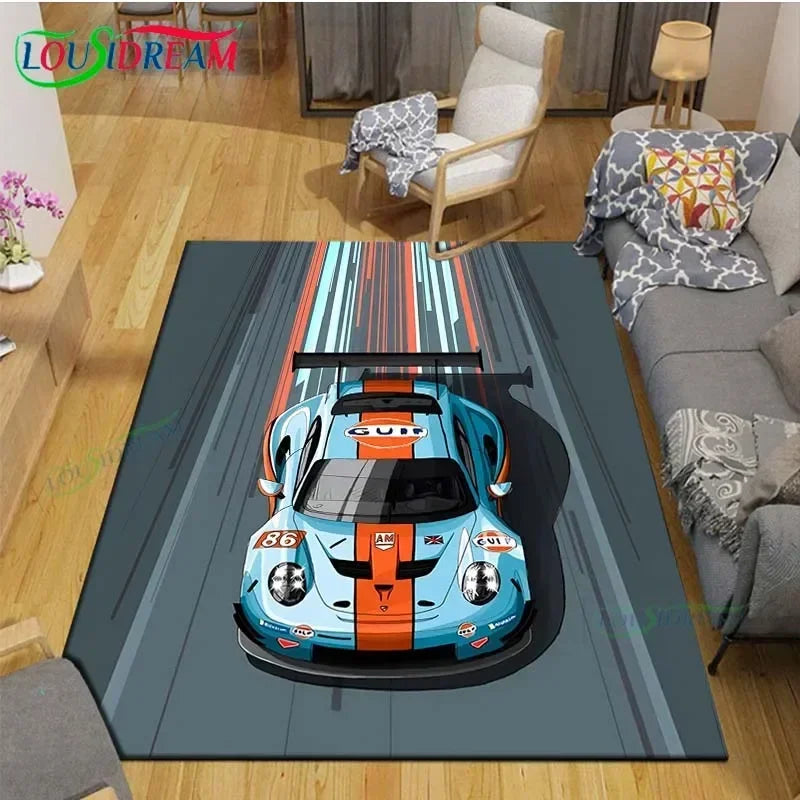 Gulf Racing Digital Print Area Rug - Anti-Skid Racing Stripe Design