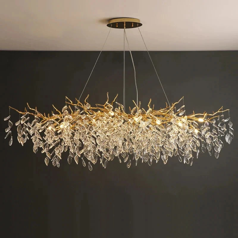 Crystal Chandelier: Luxury Gold Leaf Design LED Pendant Light for Dining & Living Room