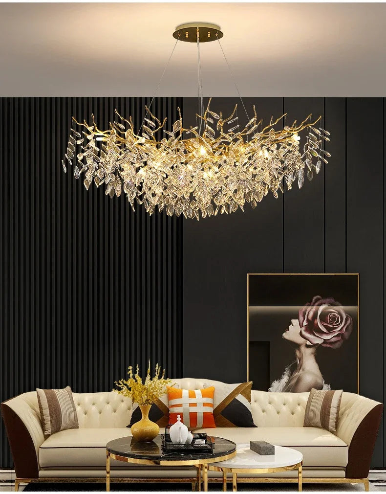 Crystal Chandelier: Luxury Gold Leaf Design LED Pendant Light for Dining & Living Room