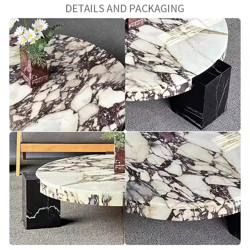 100% Pure Calacata Viola Marble Round Coffee Table with Black Marquina Base - Luxury Living Room Center Table for Home Decor