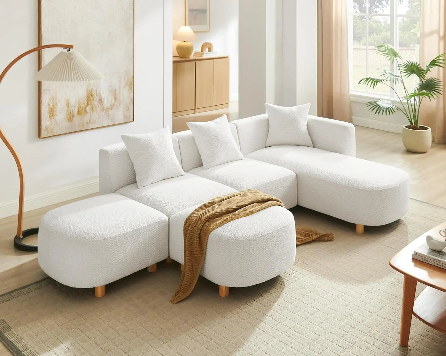 113" Sectional Sofa with 4 Pillows, U-Shaped 4-Seater Comfy Boucle Cloud Couch, Modern Double Chaises Lounge Sofas for Living