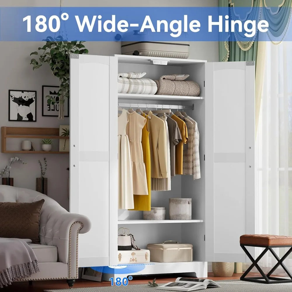 Wooden Armoire Wardrobe Closet, Wardrobe Cabinet with Door and Shelves, Freestanding Bedroom Armoires Clothing Storage Cabinet w