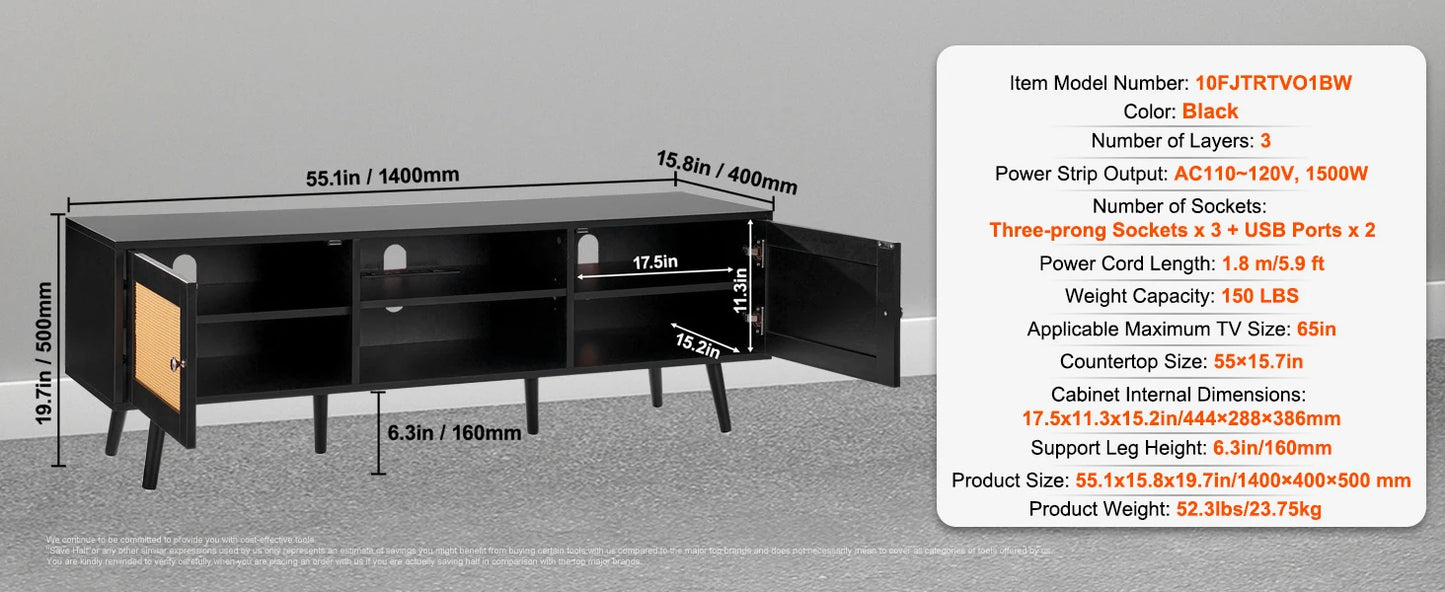 Rattan TV Stand Mid Century Modern TV Stand with Build-in Socket USB Ports Adjustable Shelfs for Living Room Media Room