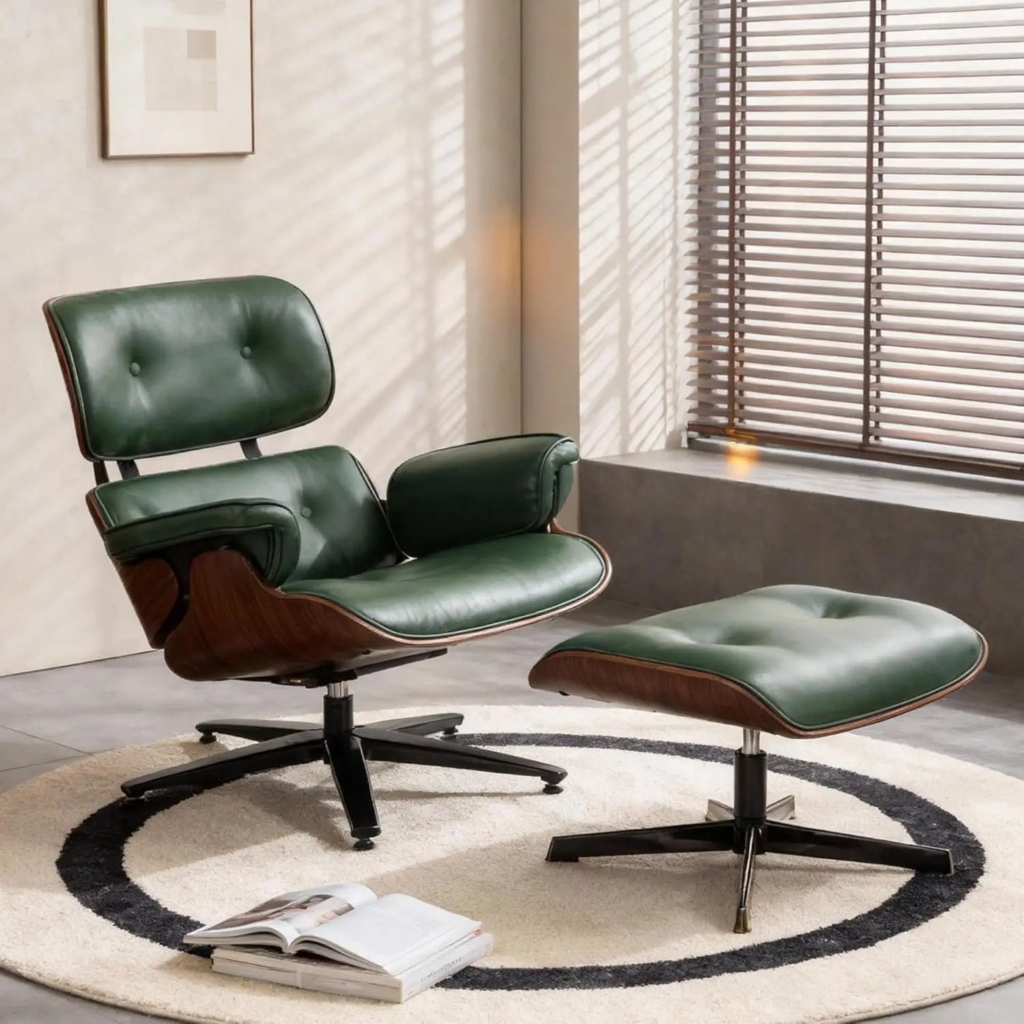 Mid-Century Modern Lounge Chair and Ottoman Set, Classic PU Leather Upholstery, Walnut Wood Trim, 360° Swivel, Ergonomic