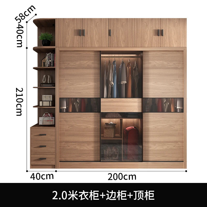 Nordic Wardrobe Bedroom Simple Glass Sliding Door Walnut Color Cabinet Sliding Door Wardrobe