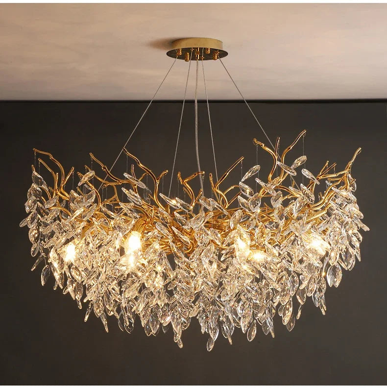 Crystal Chandelier: Luxury Gold Leaf Design LED Pendant Light for Dining & Living Room