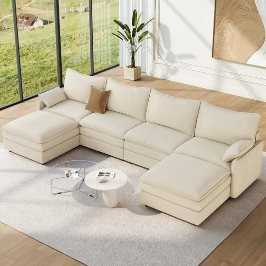 142" U Shaped Sectional Couch,with 2 Ottoman Deep Seat Chenille Modern Cloud Sofa, for Living Room, Bedroom and Apartment, Beige
