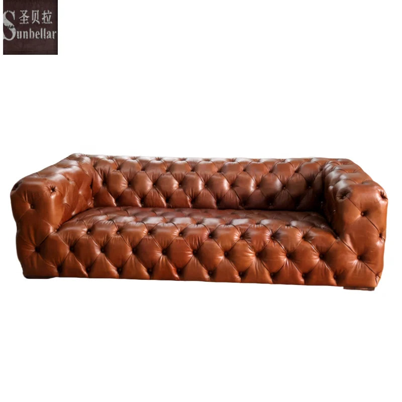 Custom Made Retro Vintage Tan Leather Classic Chesterfield Sofa Fully Tufted Buttons 3 Seat Living Room Hotel Lobby Sofa Club