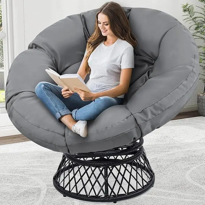 Oversized Rattan Papasan Chair with Cushions - 46" Swivel Adult Chair with Gray Frame and Black Cushions