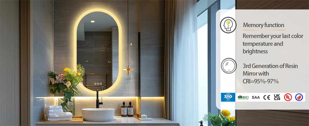 Oval LED Bathroom Mirror with Anti-Fog - Dimmable Lighting, 500x1000mm