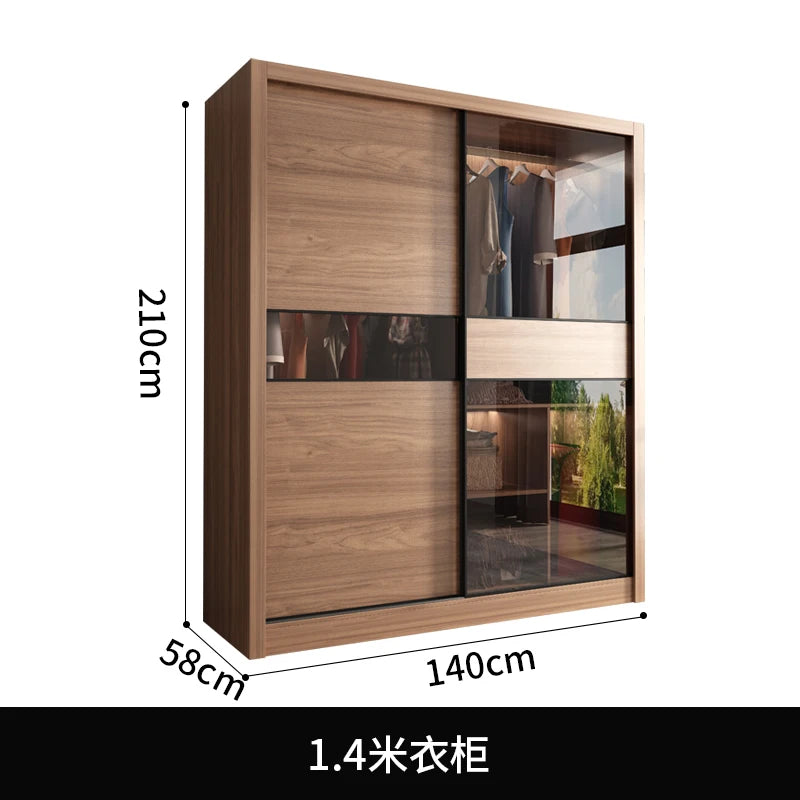 Nordic Wardrobe Bedroom Simple Glass Sliding Door Walnut Color Cabinet Sliding Door Wardrobe