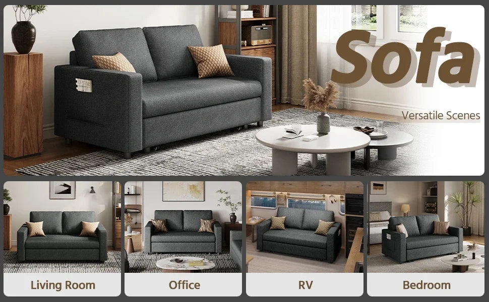 w/Pull-Out Trundle Bed Sleeper Sofa Convertible Couch for Limited Spaces Living Room Bedroom Guest Room Dark Gray 55.5 in